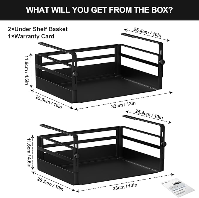 2 Pack Under Shelf Basket Organizers,Adjustable Hanging Under Cabinet Add-on Storage Racks Slide-in Baskets Organizer for Laundry Room Kitchen Pantry Desk Bookshelf, Black