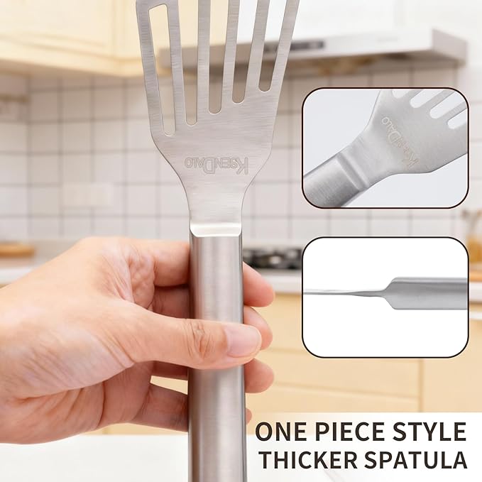 KSENDALO Thin Fish Spatula SUS304 Stainless Steel - One-Piece Flexible Slotted Egg Flipper, Angled Blade, Hollow Grip, Metal Turner for Fish/Eggs/Omelettes, All Cookware, Dishwasher Safe