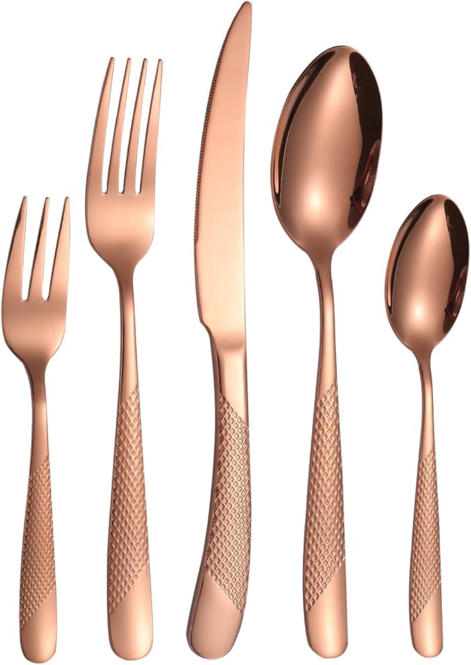 Hammered Flatware Set Copper/Rose Gold Silverware 20 Piece Stainless Steel Service for 4 Forks Knives Spoons Heavy Thickened Handle Elegant Modern Design Kitchen Use Festival Parties…