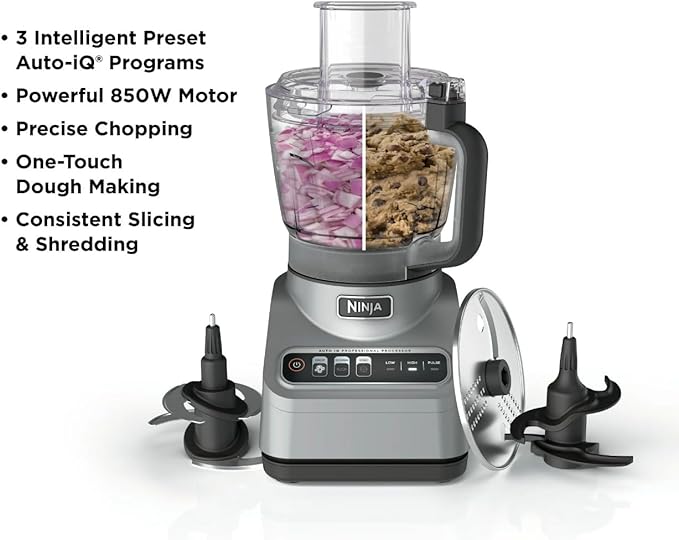 Ninja Professional Food Processor, 850 Watt motor, 9-Cup Capacity, 3 Auto iQ Preset Programs, Powerful dough mixer, Gray (BN600)