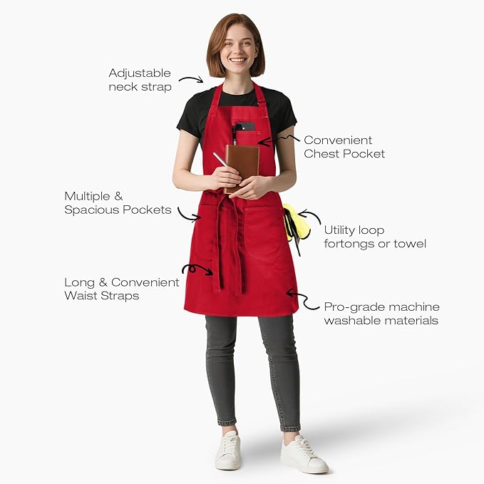 Unisex Apron with Pockets for Cooking, Salon & Art - 100% Cotton Adult Kitchen, Chef, Stylist Apron (Red)