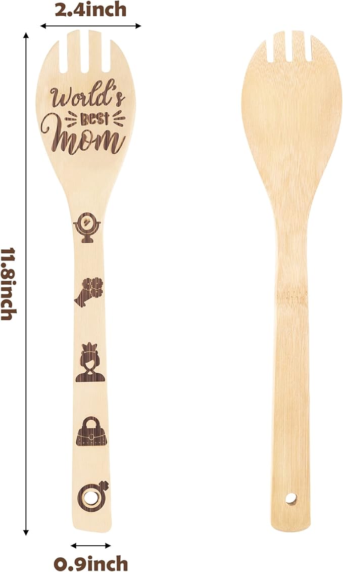 Eartim Mother's Day Wooden Spoons Utensils - 5Pcs Non-Stick Cooking Spoon Utensils Set Carve Burned Bamboo Spoons Slotted Spatula Kitchen Cookware Gadget Decor Kit Mother's Day Mom's Birthday Gift