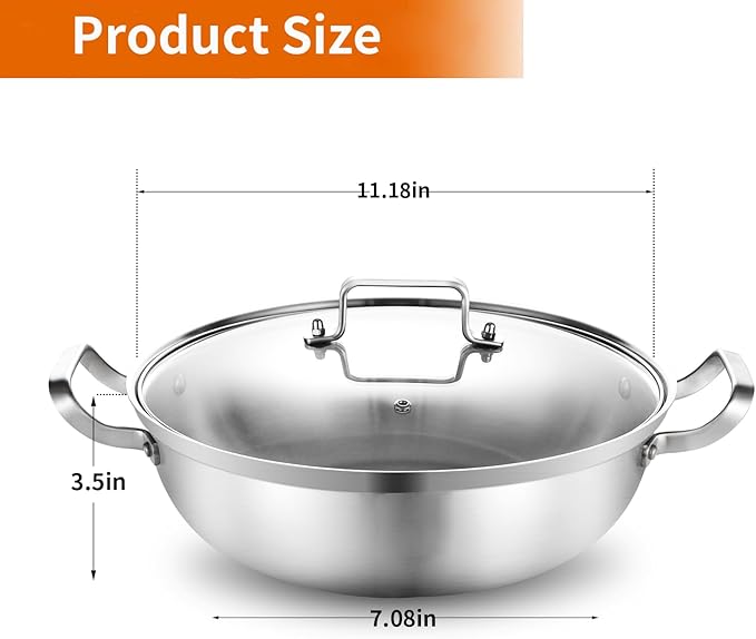 Delarlo Tri-Ply Stainless Steel 11 inch Everyday Pan with Lid, Kitchen Induction Deep Saute Pan,shabu shabu pot High Side Cooking Pot 3.5QT, Oven Safe Stock Pot, Up to 600℉