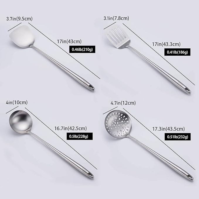 17” Wok Spatula and Ladle, Skimmer Spoon, Slotted Spatula - 304 Stainless Steel Kitchen Utensils Set, 4-Pieces Extra Long Handle Cooking Tools, All Metal Chinese Wok Utensils and Wok Accessories