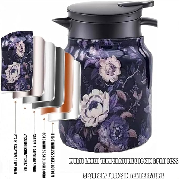 Vintage Floral Pattern Teapot – Built-In Infuser, 800ML/1000ML Heatproof Stainless Steel Teapot with Lid for Hot Drinks (Red, 1000ml-Plastic handle)