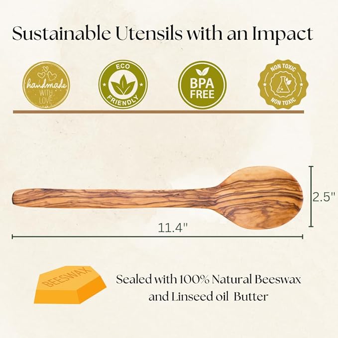 Olive Wood Spoon - 11'' Serving and Cooking Spoon, Artisan Utensil, Fair-Trade, Handcrafted Serving Utensils, Olive Wood Utensils, Wooden Cooking Spoon - LESVOS WOODCRAFT