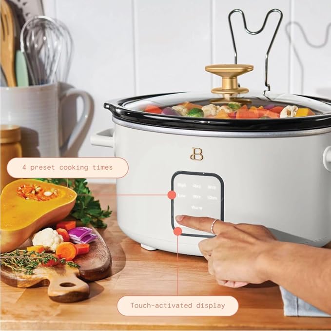 Beautiful by Drew Barrymore 4Qt Slow Cooker, Touch-Activated Display, 4 Presets, Auto Warm, Dishwasher-Safe Pot. (White Icing)