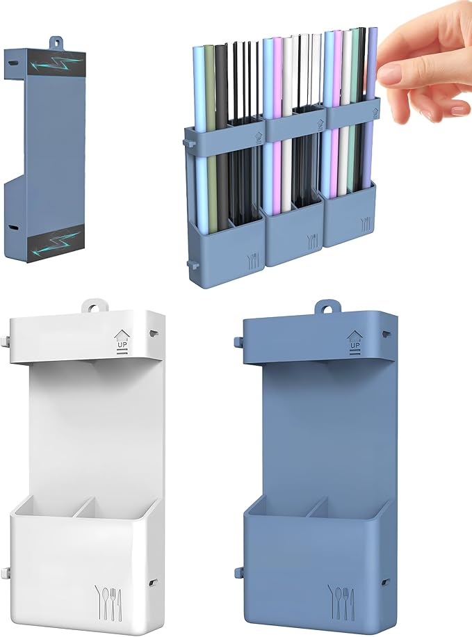 Magnetic Straw Holder for Cabinet Door, Silicone Straw Organizer,Straws Storage Container with Double Sided Adhesive,Reusable Straws Dispenser for Kitchen Fridge Cupboard (White+Blue)