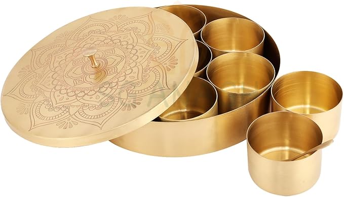 Brass Round Spice Box Masala Dabba-Spice Box Set With Spoon Container 90 ML Indian Masaladanni for Kitchen Counter With Spoon (Floral, 7 Inch)