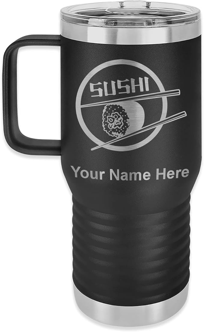 LaserGram 20oz Vacuum Insulated Travel Mug with Handle, Sushi, Personalized Engraving Included (Black)