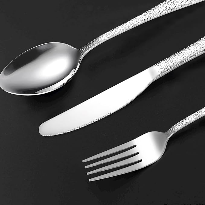 Vintage Silverware Set Hammered Flatware Silver Eating Utensils Stainless Steel Forks Spoons Knives for Restaurant Home Kitchen Parties Durable