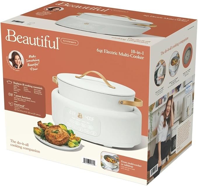 Beautiful 10-in-1 Electric Multi-Cooker, 6QT, – 7 Presets, Oven-Safe (White Icing)