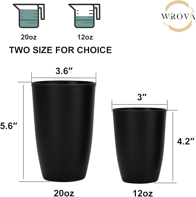 Wrova Wheat Straw Cups Set of 8 Good Alternative to Plastic Cups 20 oz Unbreakable Drinking Cup Reusable Tumbler Dishwasher Safe Water Glasses Black