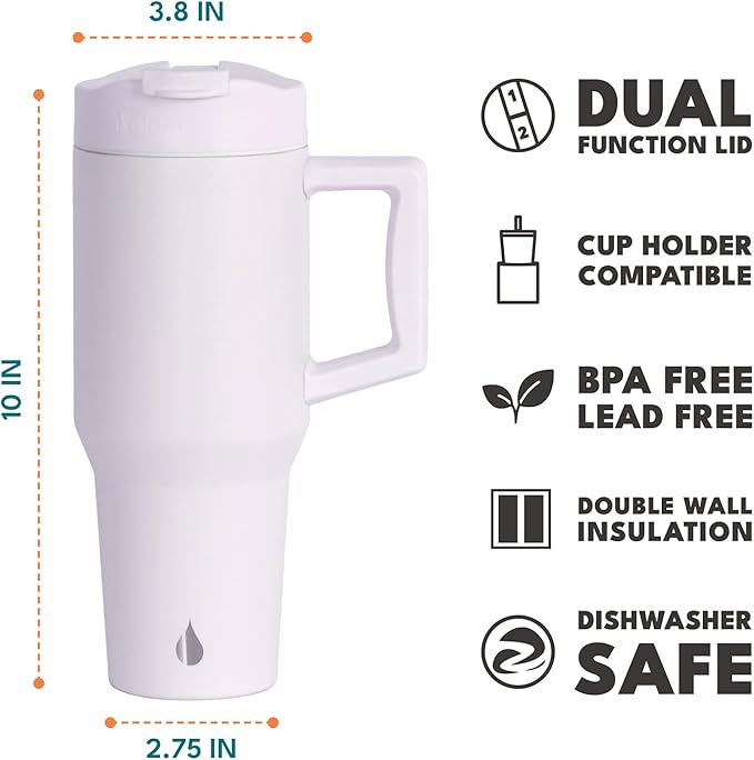 Elemental 32 oz 100% Leak Proof Tumbler with Handle & Straw - Stainless Steel Double Wall Insulated Tumbler for Hot and Cold Beverages - Travel Coffee Mug with Sip & Straw Lid - White