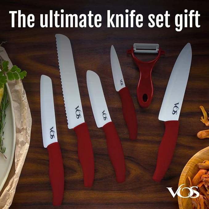 Vos Ceramic Knife with Peeler, Knives Set For Kitchen, Ultra Sharp Kitchen Knife Set with Covers, 4" 5" 6" 7" 8" Paring, Chef Knife, Santoku & 2 more, Lightweight, Dishwasher safe (Red)