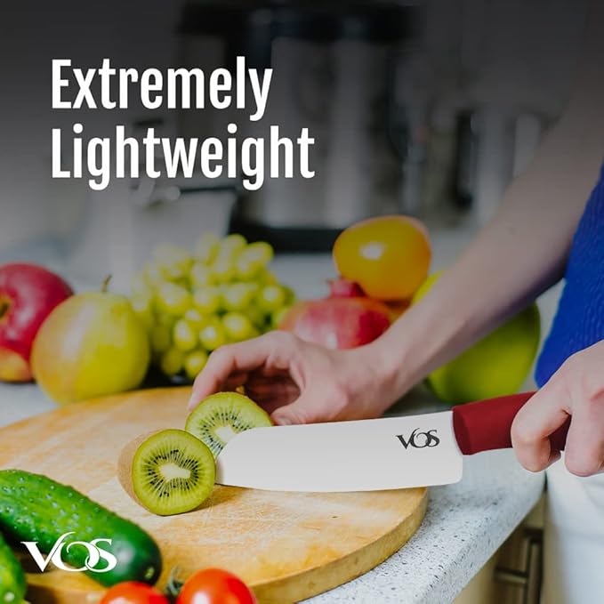 Vos Ceramic Knife with Peeler, Knives Set For Kitchen, Ultra Sharp Kitchen Knife Set with Covers, 4" 5" 6" 7" 8" Paring, Chef Knife, Santoku & 2 more, Lightweight, Dishwasher safe (Red)