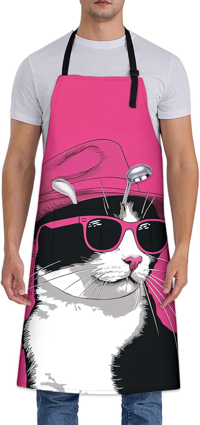 Cool Cat Apron, Adjustable Kitchen Stylish Kitten in Pink Hat Aprons with Pockets for Cooking BBQ Gardening, 28×33 IN, Holiday Gifts for Women Mom Wife, for Chef Baking, Oxford Fabric