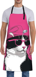 Cool Cat Apron, Adjustable Kitchen Stylish Kitten in Pink Hat Aprons with Pockets for Cooking BBQ Gardening, 28×33 IN, Holiday Gifts for Women Mom Wife, for Chef Baking, Oxford Fabric