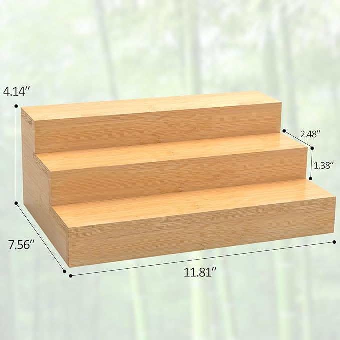 3 Tier Bamboo Spice Rack Organizer for Cabinet or Pantry, 2 Pack Wooden Spice Steps Riser for Spice Jars, Cans, and Bottles