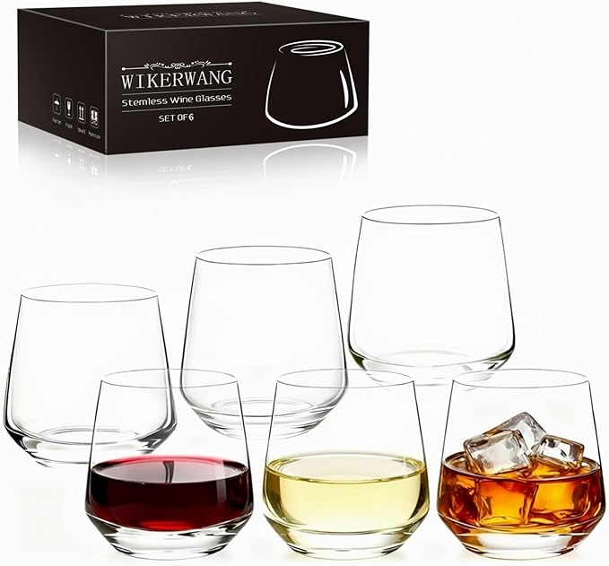 Stemless Wine Glasses Set of 6,13.5oz, Crystal Clear Red White Wine Glasses for Daily Use, Lead-free, Dishwasher Safe, Glasses Drinking Set, Ideal for Home Bar, Parties & Gifts