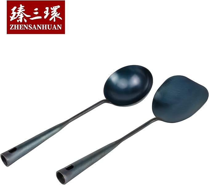 ZhenSanHuan Chinese Traditional HandMade Iron Spatula & Ladle Wok Tool Set,Long wok utensils (Ladle and Spatula Set, 32CM/12.6'')