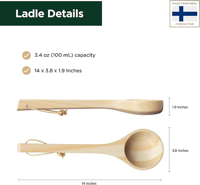 Sauna Ladle - Handmade from Finnish Pine Wood - Natural Rope - 14″ Handle & 3.4 oz (100 mL) Capacity Spoon