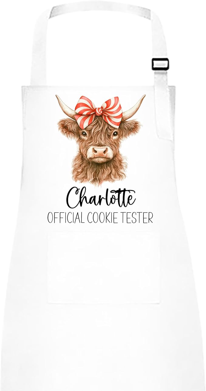 Mommy and Me Highland Cow with Peppermint Swirl Bow Apron Set – Matching Christmas Baking Aprons, Cow Kitchen Gift