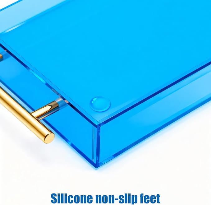 Acrylic Serving Tray with Handles Large Ottoman Food Decorative Tray for Coffee Table Tea Fruit Snack Kitchen Bar Platter, 17x13’’, Sky Blue