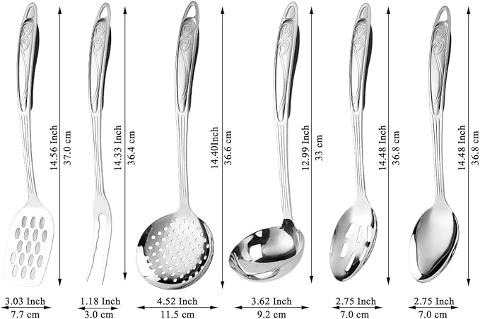 Berglander Stainless Steel Kitchen Utensils Set 6 Pcs, Cooking Utensil Sets, Kitchen Gadgets Essentials Include Metal Spatula Set, Skimmer, Ladle, Serving Spoon, Slotted Spoon, Carving Fork