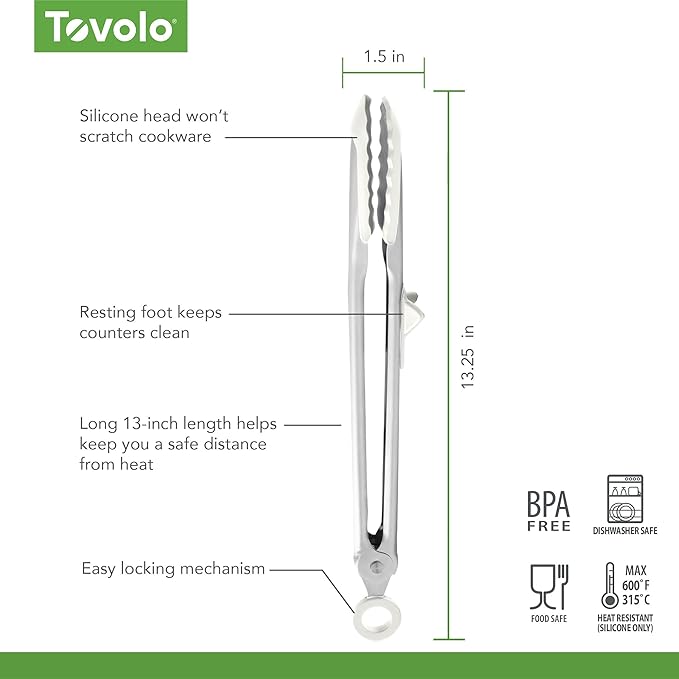Tovolo Tongs With Silicone Tips Easy Grip 13” Long Kitchen Tongs Stainless Steel Handle For Cooking BBQ, Non Scratch Heat Resistant Locking Metal Tongs Silicone Tipped Dishwasher Safe BPA Free, White