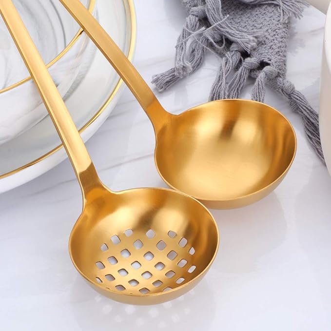 2 Pieces Gold Metal Soup Ladle Colander Set, Long Handle Stainless Steel Kitchenware Cookware Serving Spoon Cooking Utensil for Hotpot