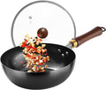 Carbon Steel Wok Pan, 9.5" Woks & Stir-Fry Pans with Glass Lid Cookwares, Nonstick Wok Flat Bottom Small Handmade Chinese Wok For for All Stoves
