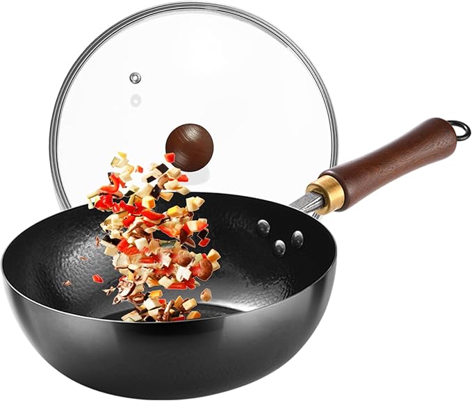 Carbon Steel Wok Pan, 9.5" Woks & Stir-Fry Pans with Glass Lid Cookwares, Nonstick Wok Flat Bottom Small Handmade Chinese Wok For for All Stoves