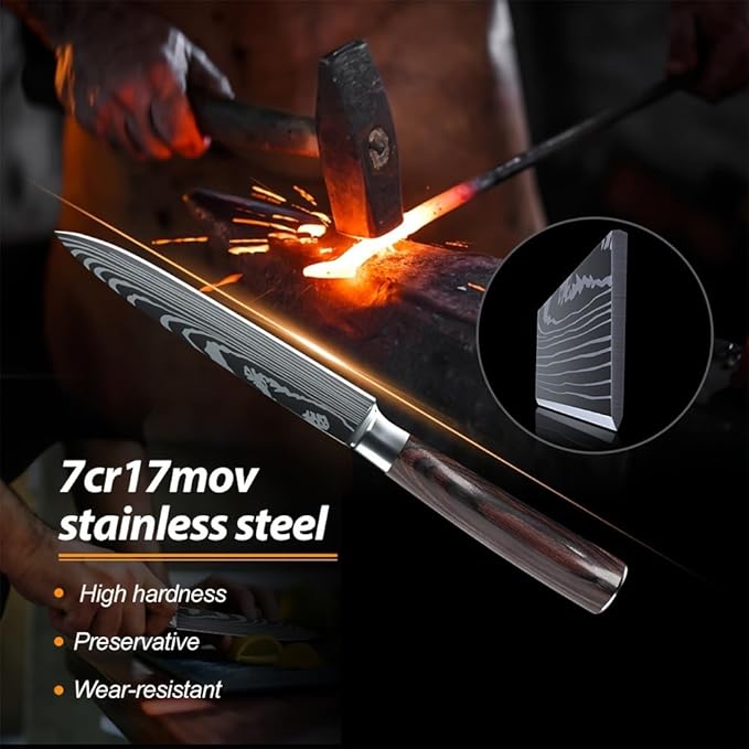 8-Piece Premium Japanese Kitchen Knife Set - Imperial Collection, Laser Damascus Pattern, 440A Stainless Steel Ultra Sharp for Fast Cutting (Redwood 8J)