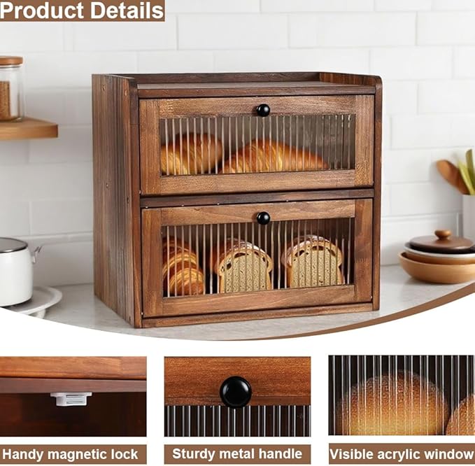 Wooden Bread Box for Kitchen Countertop Large Capacity Corner Bread Box Bread Storage Container with Clear Acrylic Window