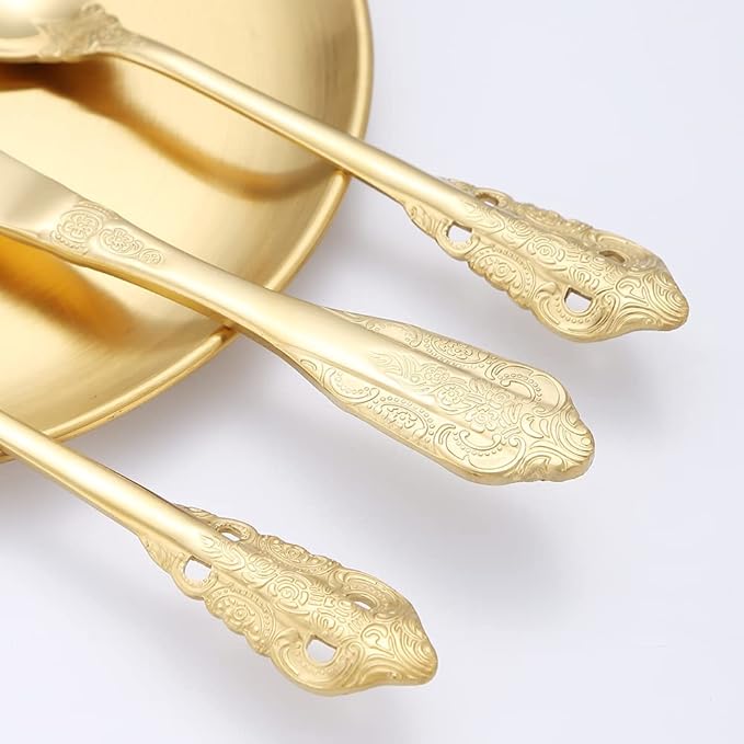 Royal Silverware Gold Retro Stainless Steel Flatware 40 Piece Forks Knives and Spoons Heavy Duty Kitchen Utensil Daily Use Festival Parties