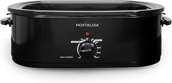 HomeCraft Nostalgia Electric Roaster Oven, 18-Quart Capacity for Turkey, Chicken, Meat, Vegetables, Full-Range Temperature Control, Lift-Out Rack, and Removable Enamel Pot Included, Black