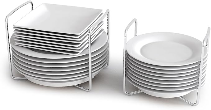 Dish Rack for Kitchen Countertop Organizer - Bamboo Plate Organizer for Cabinet Space Saver, Adjustable Stainless Steel 304 Plate and Bowl Holder with Portable Handle for Drawer Cupboard Shelf RV