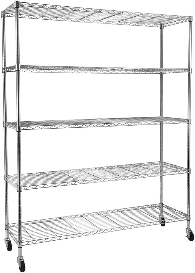 Metal Wire Shelving Unit Storage Shelves, Heavy Duty Metal Storage Shelf with Wheels, Adjustable Commercial Wire Rack for Garage or Kitchen (Silver, 5-Tier, 60"x18"x72")
