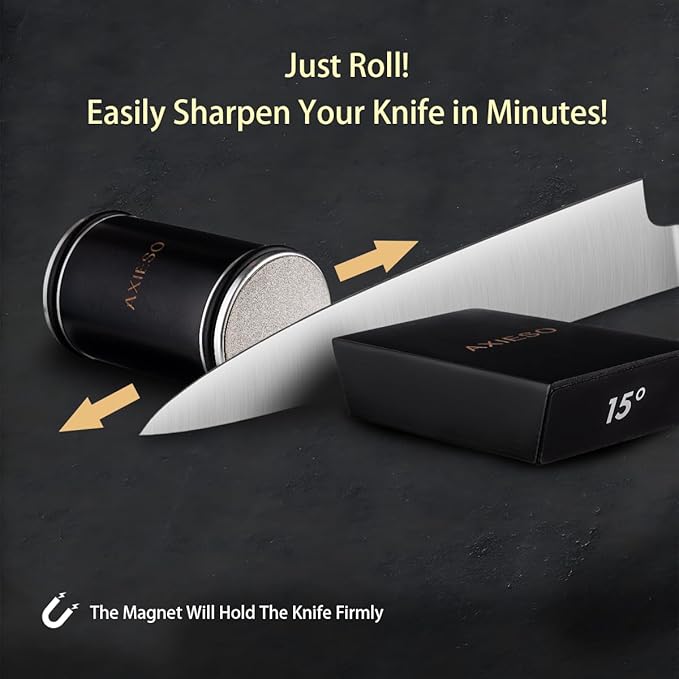 Rolling Knife Sharpener Kit - Roller Knife Sharpening Tool with Diamond and Ceramic for All Knives - User-Friendly Professional Tumbler Kitchen Knife Sharpeners with 15° and 20° Magnetic Angles