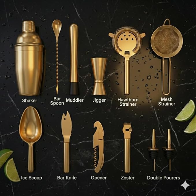 Highball & Chaser Bartender Kit with Espresso Bamboo Stand. Beautiful Cobbler Cocktail Shaker Set with Bar Tools Rustproof Stainless Steel Bar Set (Matte Gold)