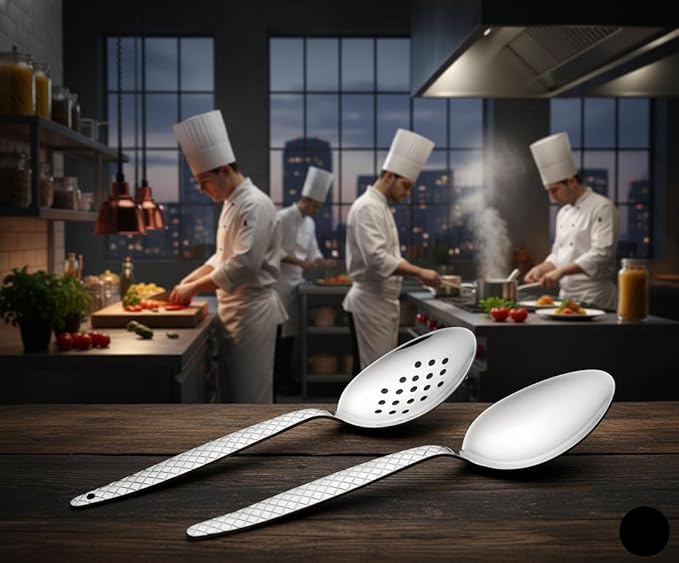 Chef Kunz Spoon | Pack of 2 | 18/10 Stainless Steel Professional Chef's 9 inch Solid Bowl Silver Plating Spoon | Non-Slip Grip Spoons for Basting, Quenelle, Serving, Sauces