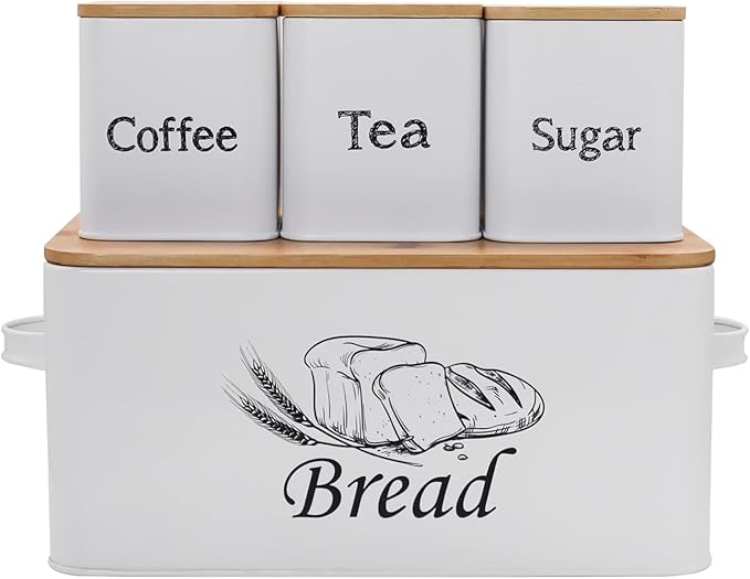 SOTECH Bread Box with 3pcs Jars Coffee Sugar Tea for Kitchen Countertop White Metal Bread Box with Bamboo Board Cover Pastry Storage Container Set Kitchen decor (White Box and Jars)