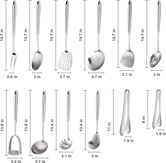 18/10 Stainless Steel Kitchen Utensils, Metal Cooking Utensils Set, 12 PCS Large Metal Cooking Utensil Tools Set