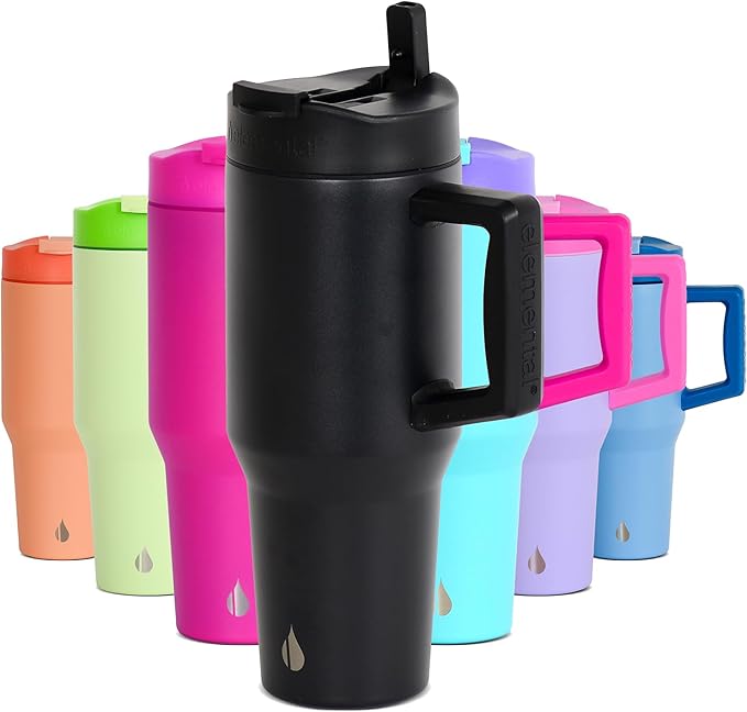 Elemental 32 oz 100% Leak Proof Tumbler with Handle & Straw - Stainless Steel Double Wall Insulated Tumbler for Hot and Cold Beverages - Travel Coffee Mug with Sip & Straw Lid - Black