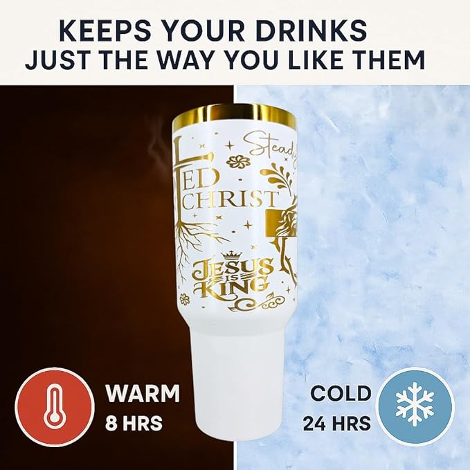 40oz Christian Tumbler with Handle & Straw – “Rooted in Christ,” “Jesus Is King,” Faith Scripture Gift – Double Wall Insulated Stainless Steel Mug for Hot & Cold Drinks (Rooted In Christ)