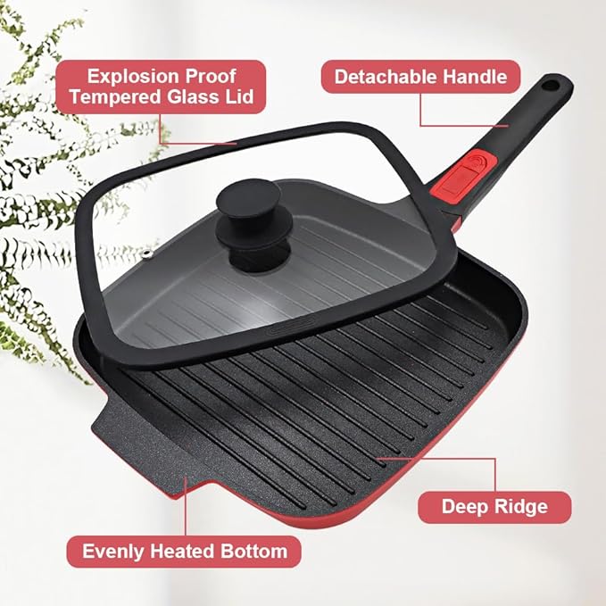Grill Pan for Stove Tops with Lid 10 inch, Nonstick Square Griddle Pan with Detachable Handle for Indoor Cooking