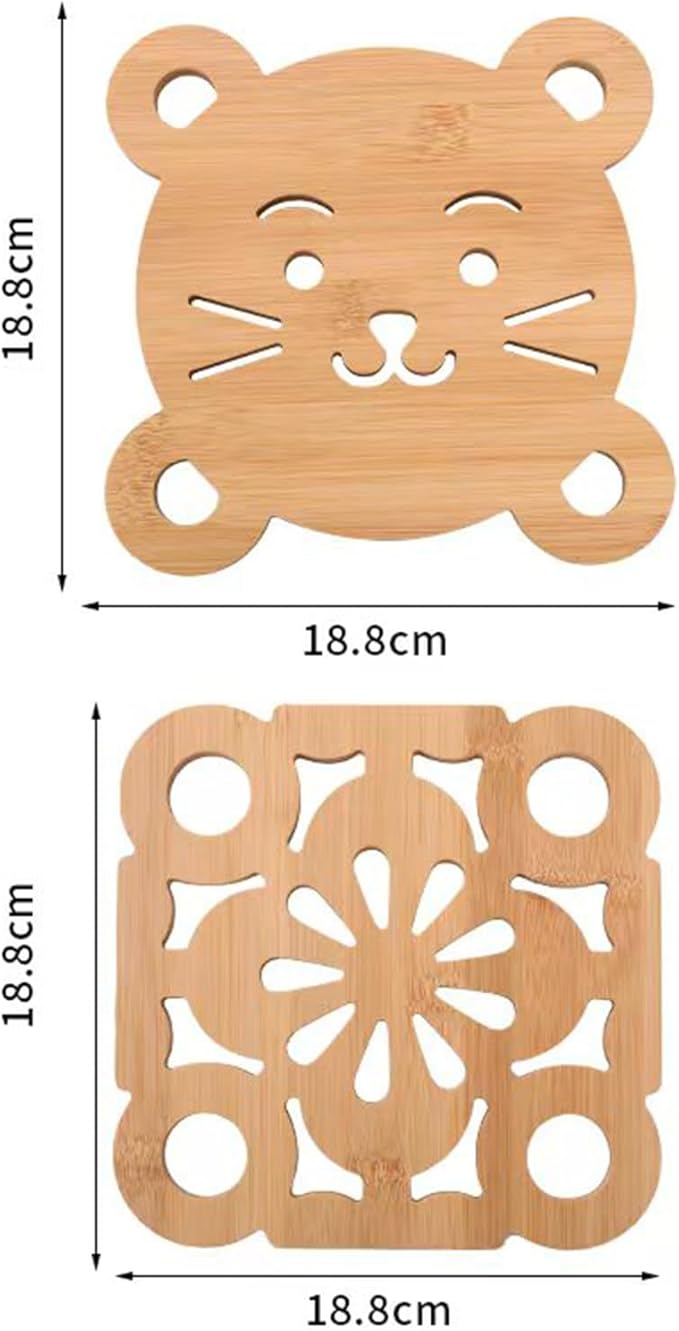 7.4x7.4 Inch Bamboo Trivets for Hot Pots & Coffee Mugs - 3-Layer Heat Resistant Wooden Coasters with Non-Slip Feet, 4-Pack + Holder (Wildlife)