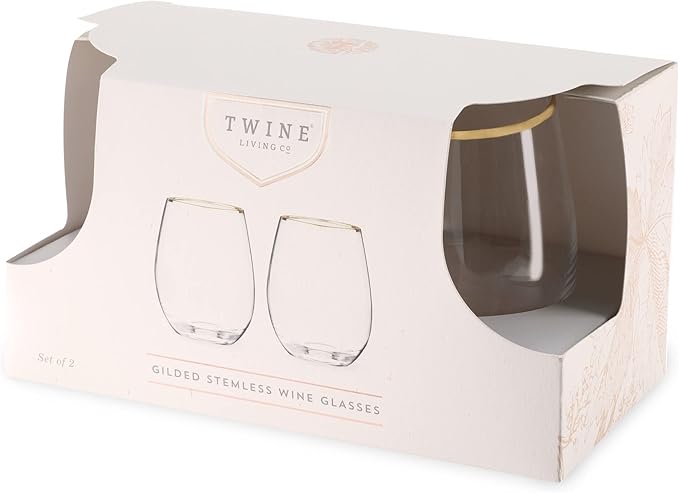 Twine Gilded Stemless Wine Glasses Set with Gold Rim, Modern Drinking Glasses for Red and White Wines, Wedding Gifts, Holiday Celebration, Elegant Glassware, Home Bar,18 oz, Set of 2