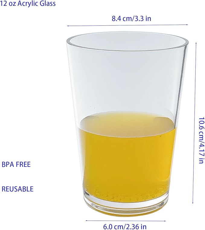 12 oz Clear Drinking Glasses - Unbreakable Acrylic Glasses Drinkware set of 6 - BPA Free Dishwasher Safe Reusable Plastic Cups for Kitchen Party Outdoor (Look Like Glass)